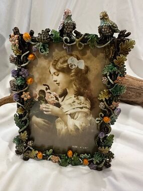 TIZO SWAROVSKI JEWELED PICTURE FRAME W/BIRDS, FLOWERS, & LEAVES